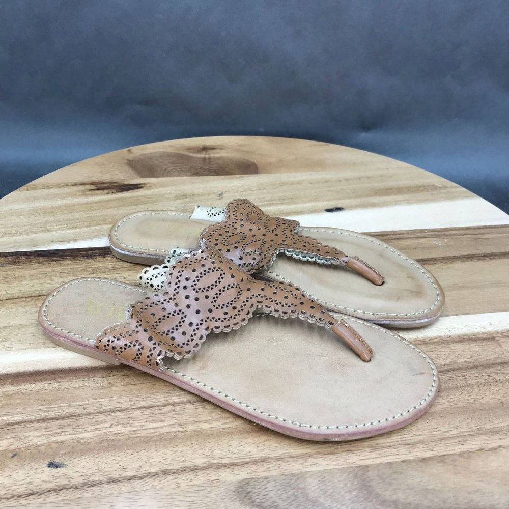 XOXO Brown Cutout Faux Leather T Strap Sandals Slip On Womens Size 6